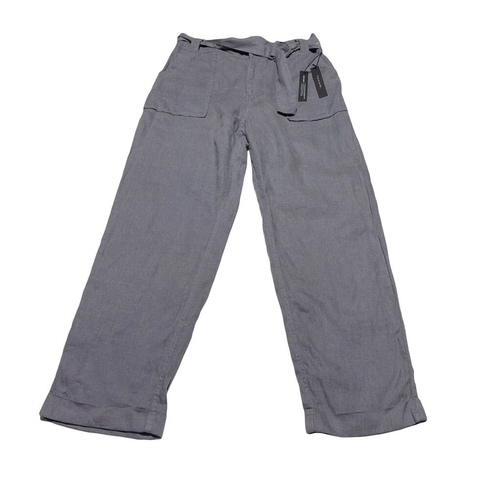 Tahari Women’s 100% Linen High Rise Straight Leg Pants Size L Belted Gray NWT